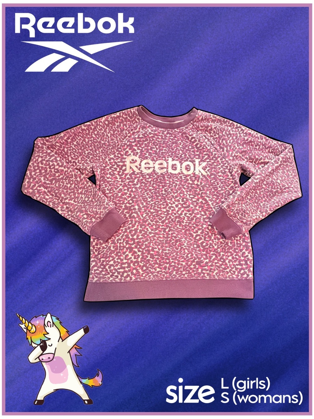 REEBOK pink and purple cheetah SWEATSHIRT size L girls S womans